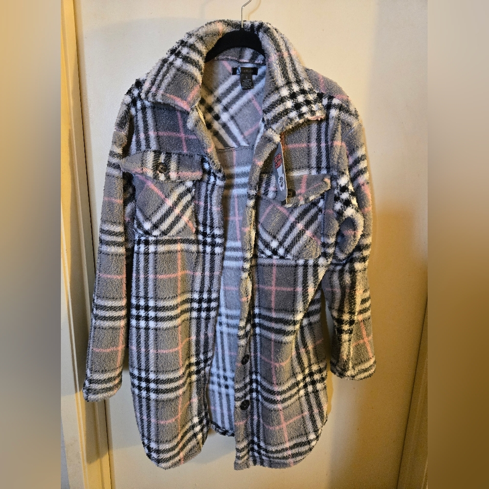 Stylish Checkered Teddy Jacket - Black, Pink, White